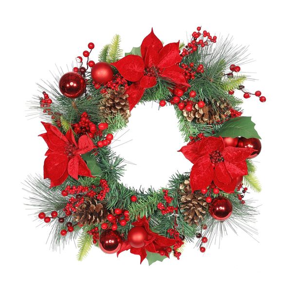 Poinsettia & Bauble Wreath - Red - 50cm