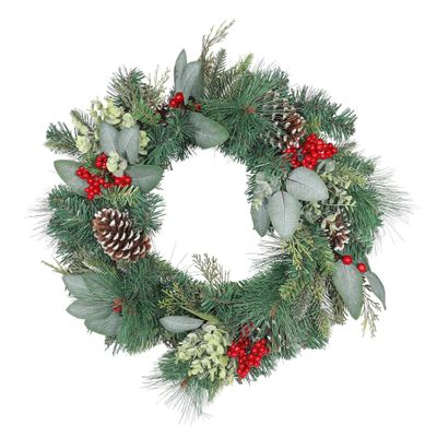 Mixed Foliage Wreath with Cones & Red Berry - 60cm