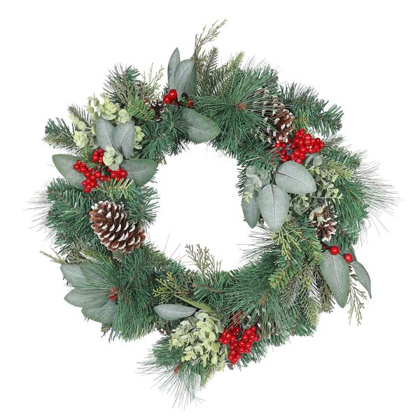 Mixed Foliage Wreath with Cones & Red Berry - 60cm