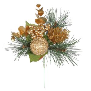 Gold Cone/Bauble & Berry Pick with Green Foliage - 22cm