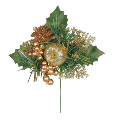 Gold Glitter Apple with Dk Gold Pine Cone and Berries Pick  -20cm