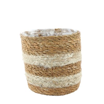 Natural Stripe Seagrass & Braided Jute Basket w/Liner - Small - H14 x Dia 14cm