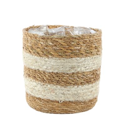 Natural Stripe Seagrass & Braided Jute Basket w/Liner - Med- H16 x Dia16cm