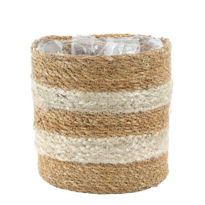 Natural Stripe Seagrass & Braided Jute Basket w/Liner - Large- H18 x Dia18cm