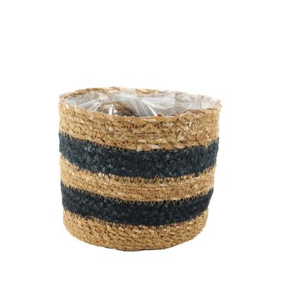 Black /Natural stripe Seagrass & Jute Basket with Liner - H13cm x 15cm
