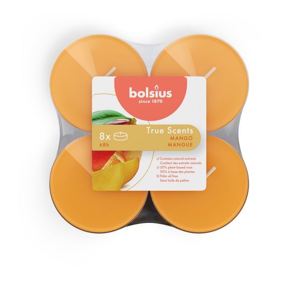 Bolsius - True Scents  Fragrance Clear Cup Maxi Tealights  - 8Hr -Pk 8 - Mango