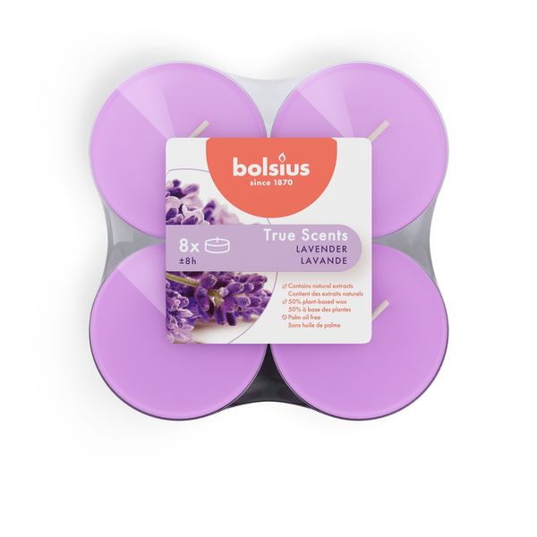 Bolsius - True Scents  Fragrance Clear Cup Maxi Tealights  - 8Hr -Pk 8 - Lavende