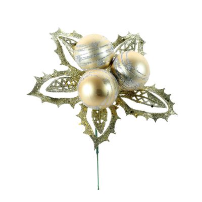 Bauble Pick with Leaves - Champagne - 12cm