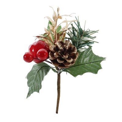 Red Apple / Berry & Pine Cone Pick - Red - Green - 21cm