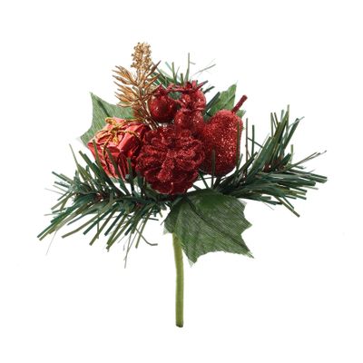 Christmas Pick with Red Ribbon and Parcel -14cm