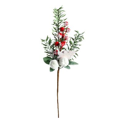 Frosted Berry and Foliage Pick -Red /White Berries  - 37cm