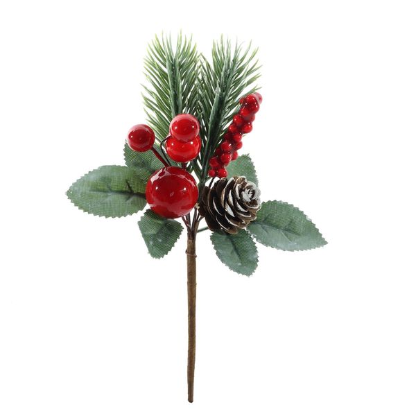 Frosted Festive Pick with Red Berries and Natural Pinecone - 16cm