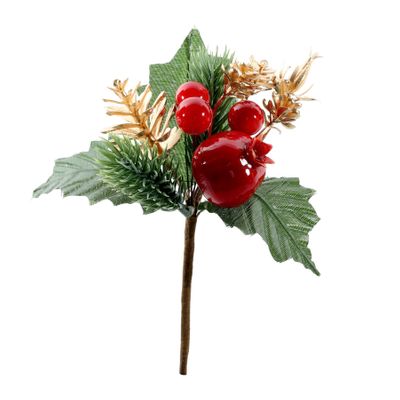 Assorted Red Berry with  Rosehip and Gold Pinecone Pick - 16cm