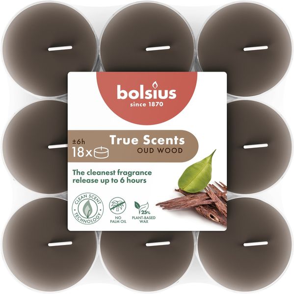 Bolsius -  True Scents Clear Cup Tealights  - 6Hr - Oud Wood - 18Pk