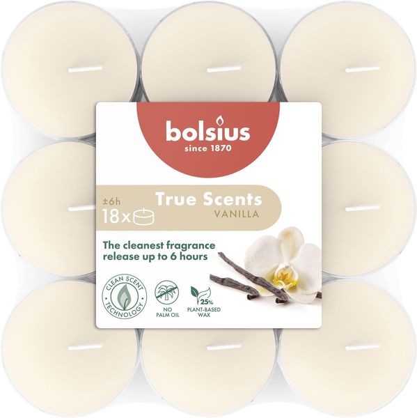 Bolsius -  True Scents Clear Cup Tealights  - 6Hr - Vanilla - 18Pk