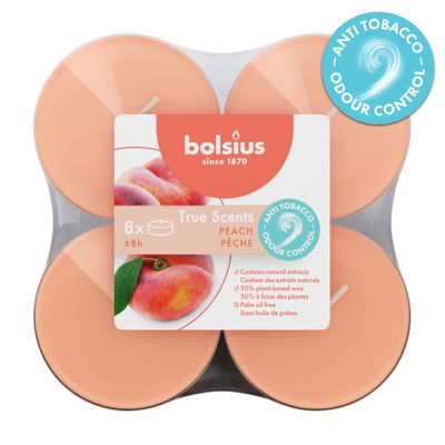 Bolsius - True Scents  Fragrance Clear Cup Maxi Tealights  - 8Hr -Pk 8 - Peach