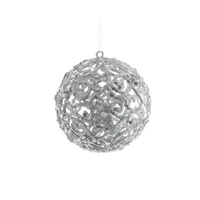 Filigree Glitter Ball Hanging Decoration - Silver - 13cm