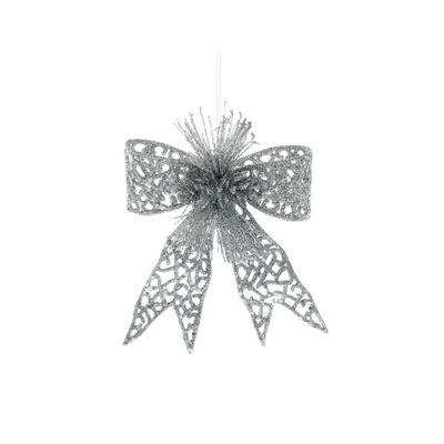 Glitter Bow Hanging Decoration - Silver - 15cm