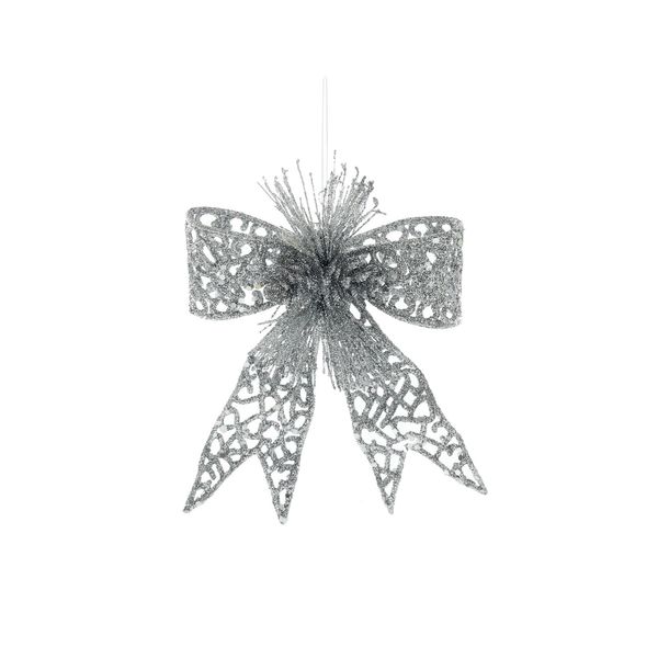 Glitter Bow Hanging Decoration - Silver - 15cm