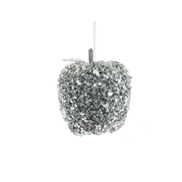 Glittered Hanging Apple - Silver - 80mm