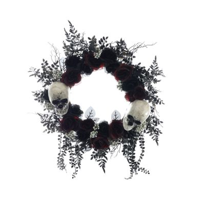 Halloween Wreath Skulls with Burgundy & Black Roses - 60cm