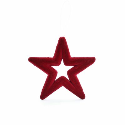 Flocked Star Hanging Decoration - Burgundy - 12cm