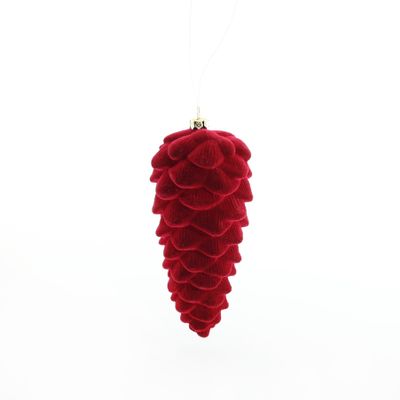 Flocked Closed Pinecone Hanging Decoration - Burgundy - 13cm