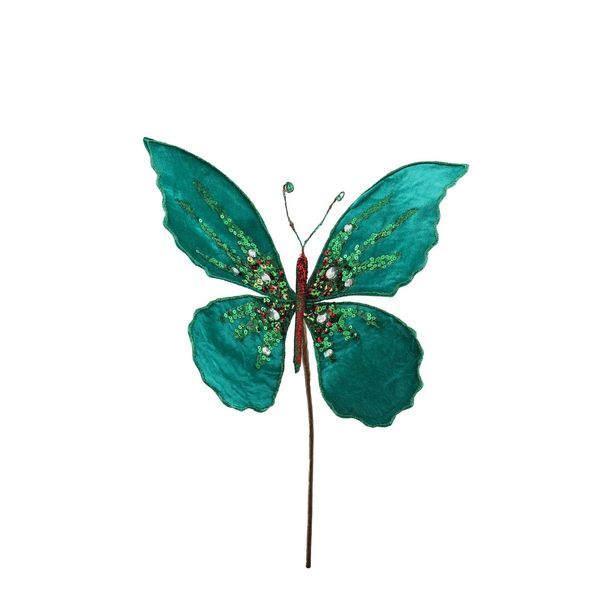 Velvet Butterfly Pick -  Green /Gold - 30x25cm