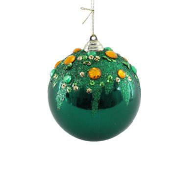 Electroplated Bauble with Glitter & Gems - Green/Gold -20cm