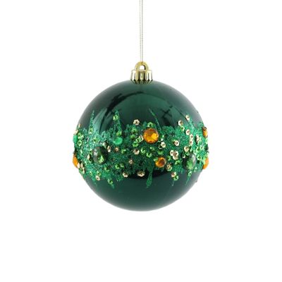 Electroplated Bauble with Glitter & Gems - Green/Gold -15cm