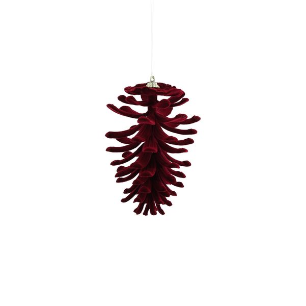 Flocked Pine Cone Hanging Decoration - Burgundy - 13cm