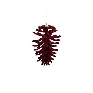 Flocked Pine Cone Hanging Decoration - Burgundy - 13cm