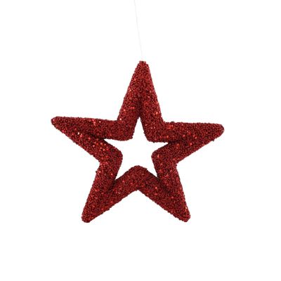 Glitter Open Star Hanging Decoration - Red - 22cm