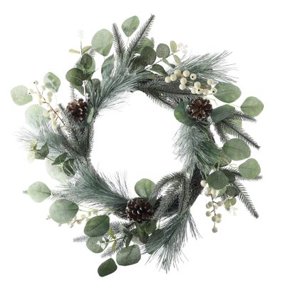 Snowy Mixed Foliage Cone and Berry Vine Wreath - 45cm 