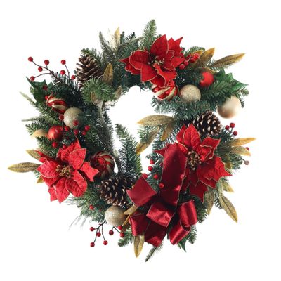 Poinsettia Wreath with Baubles - Red/Gold - 60cm