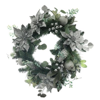 Poinsettia & Bauble Wreath - Silver - 60cm