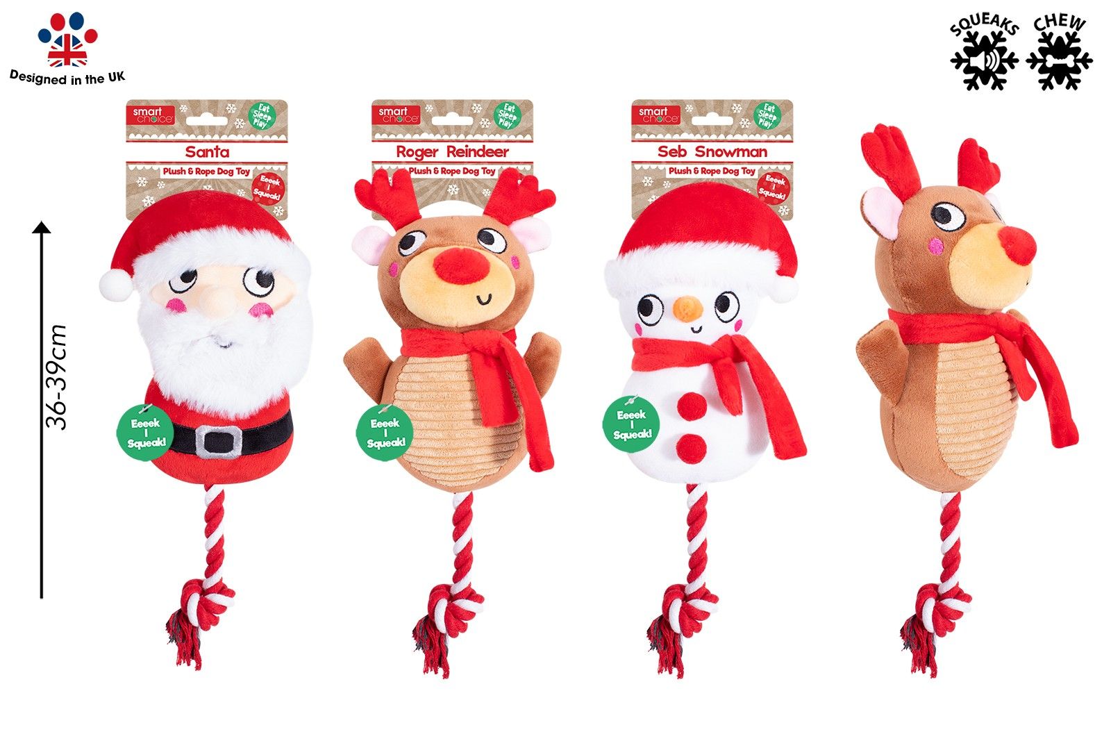 Squeaky Plush & Rope Dog Toy 3 Assorted