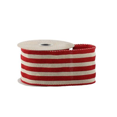 Red & Natural Striped Ribbon - Wired Edge -  63mm x 10yds
