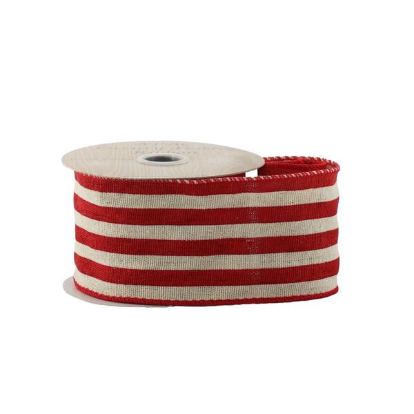 Red & Natural Striped Ribbon - Wired Edge -  63mm x 10yds