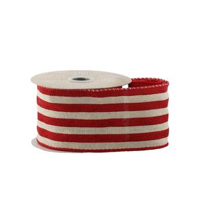 Red & Natural Striped Ribbon - Wired Edge -  63mm x 10yds