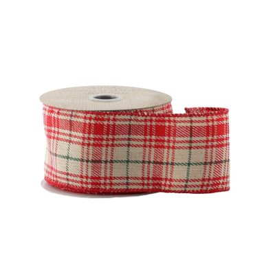 Red & Cream Check Ribbon  - Wired Edge -63mm x 10yds