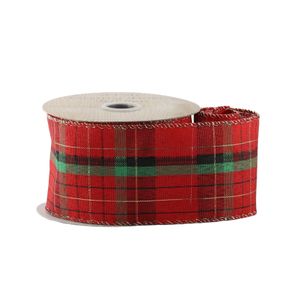 Red, Green & Gold Check Ribbon - Wired Edge - 63mm x 10yds 