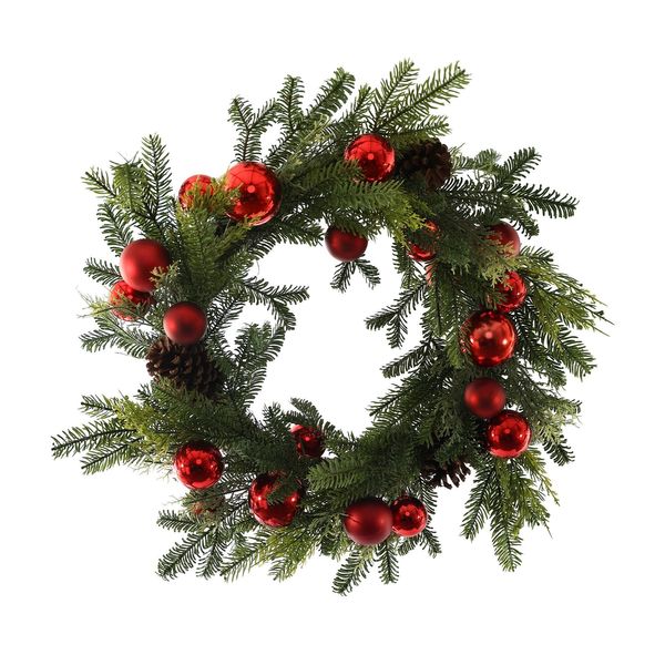 Red Bauble & Pine Rattan Wreath - 60cm