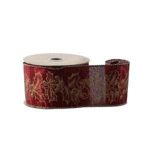 Red Ribbon with Gold Holly  - Wired Edge - 63mm x 10y