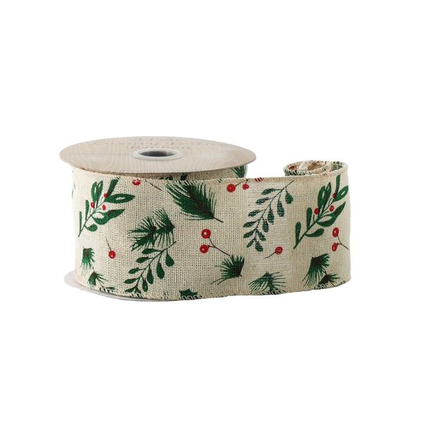 Hessian Ribbon  with Berry & Foliage - Wired Edge -  63mm x 10yds