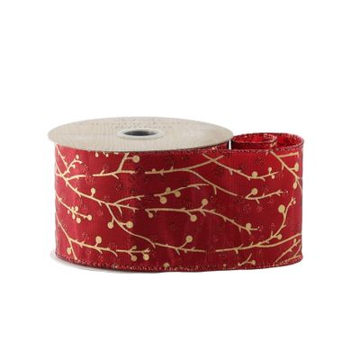 Red Ribbon  with Gold Berry  - Wired Edge - 63mm x 10yds