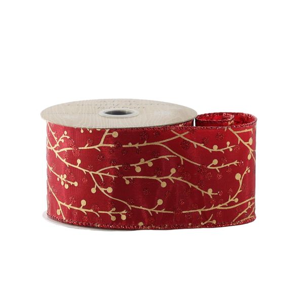 Red Ribbon  with Gold Berry  - Wired Edge - 63mm x 10yds