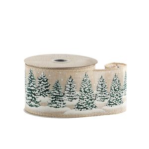Hessian Ribbon  with Trees - Wired Edge - 63mm x 10yds