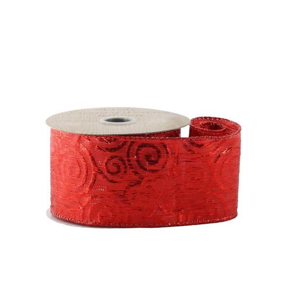 Red Metallic Ribbon with  Red Swirl - Wired Edge - 63mm x 10yds 