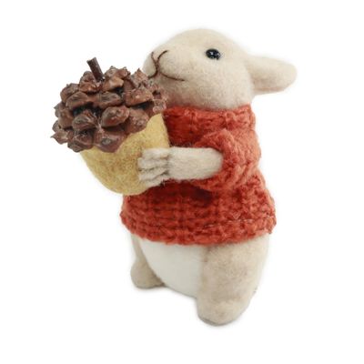 Bear in Orange Jumper Holding an Acorn Ornament - H11cm